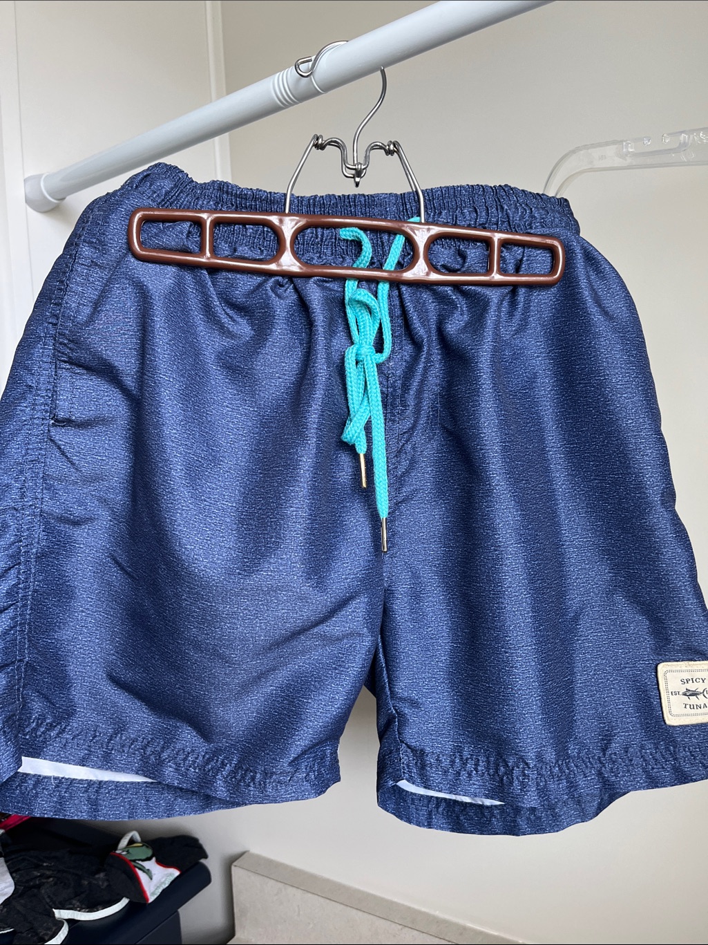 Men's Navy Swim Trunks With Teal Drawcord